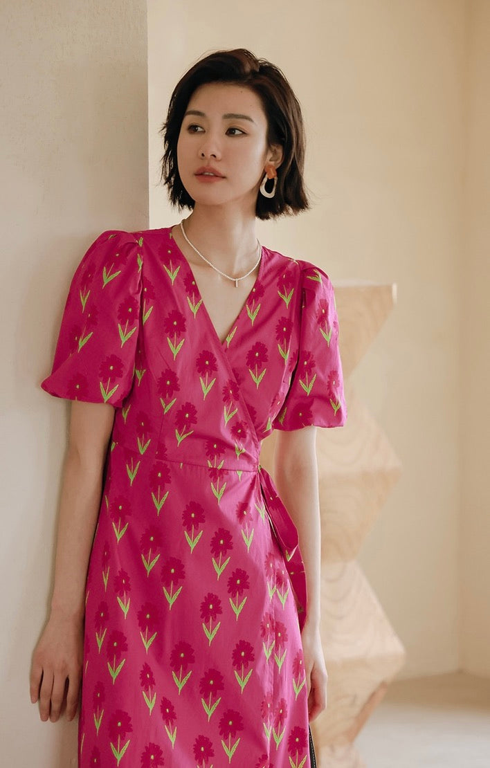 Tulip Puff Sleeve Wrap Dress in Pink