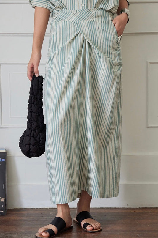 Linen Blend Striped Tie Maxi Skirt in Green