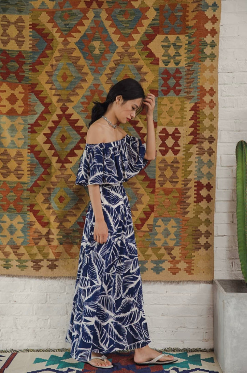 2-Way Off Shoulder Toga Printed Maxi Dress in Blue