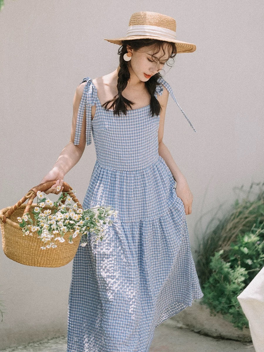 Seersucker Shoulder Tie Maxi Dress in Blue