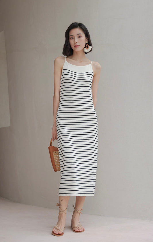 Striped Camisole Stretch Dress in White