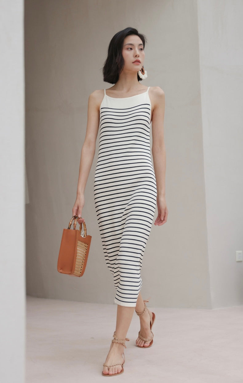 Striped Camisole Stretch Dress in White