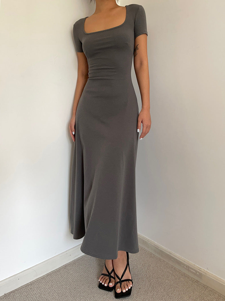 Short Sleeve Flare Maxi Dress in Grey