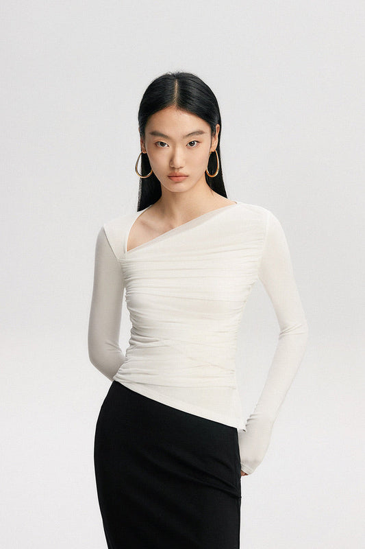 Asymmetric Neckline Tulle Shirring Top in White