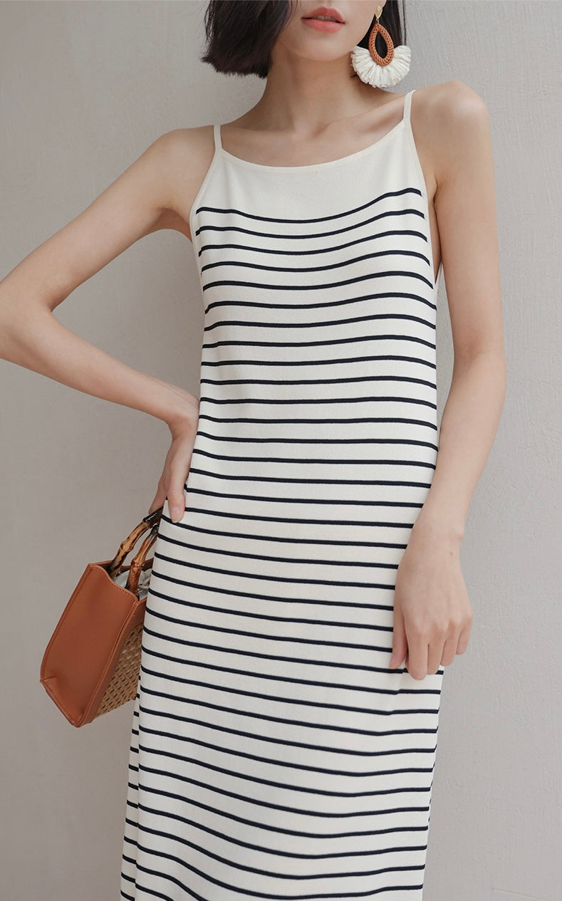 Striped Camisole Stretch Dress in White