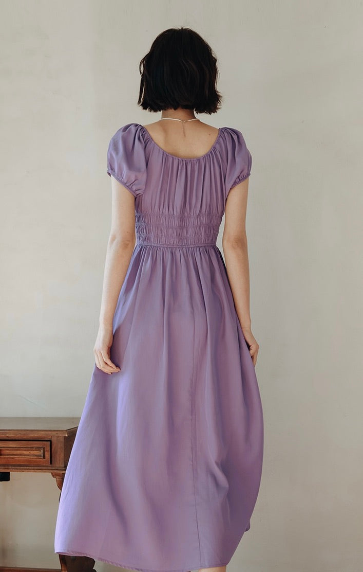 Puff Sleeve Smocked Flare Dress in Purple