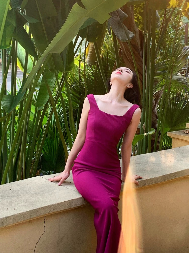 Sleeveless Square Neck Maxi Dress in Magenta