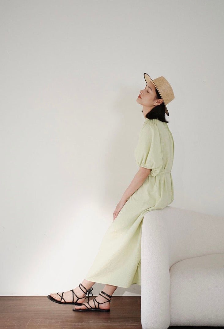 2-Way Seersucker Puff Sleeve Maxi Dress in Lime