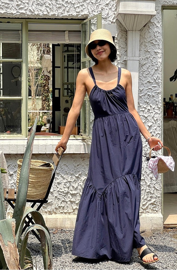 Tencel Blend Criss Cross Back Tie Maxi Dress in Navy