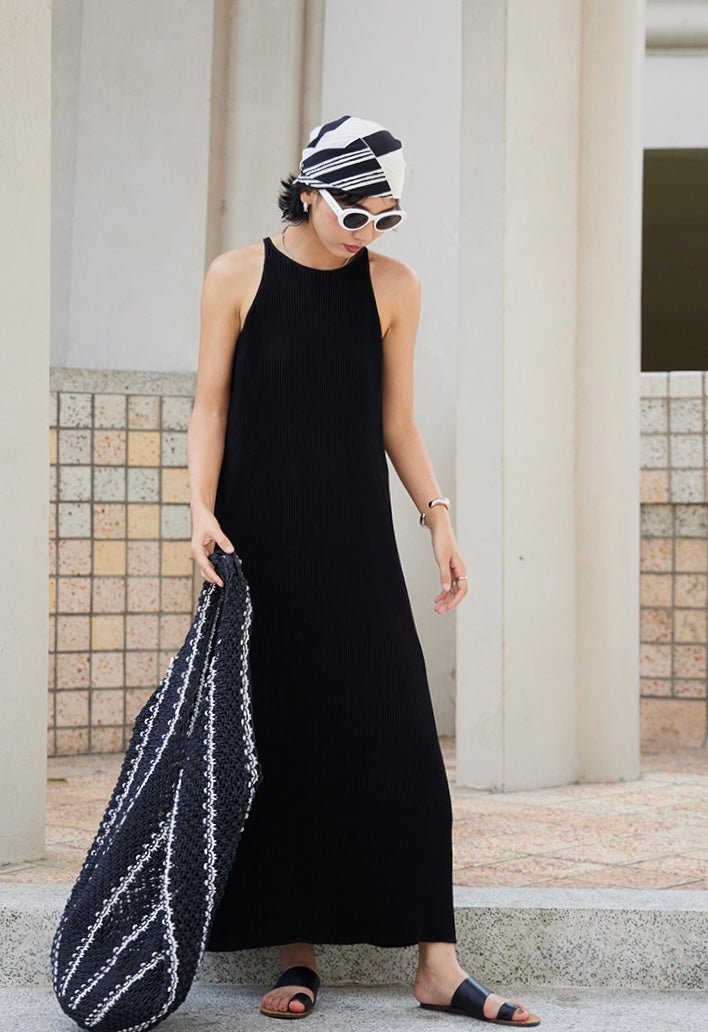 Pleated Maxi Tank Dress in Black