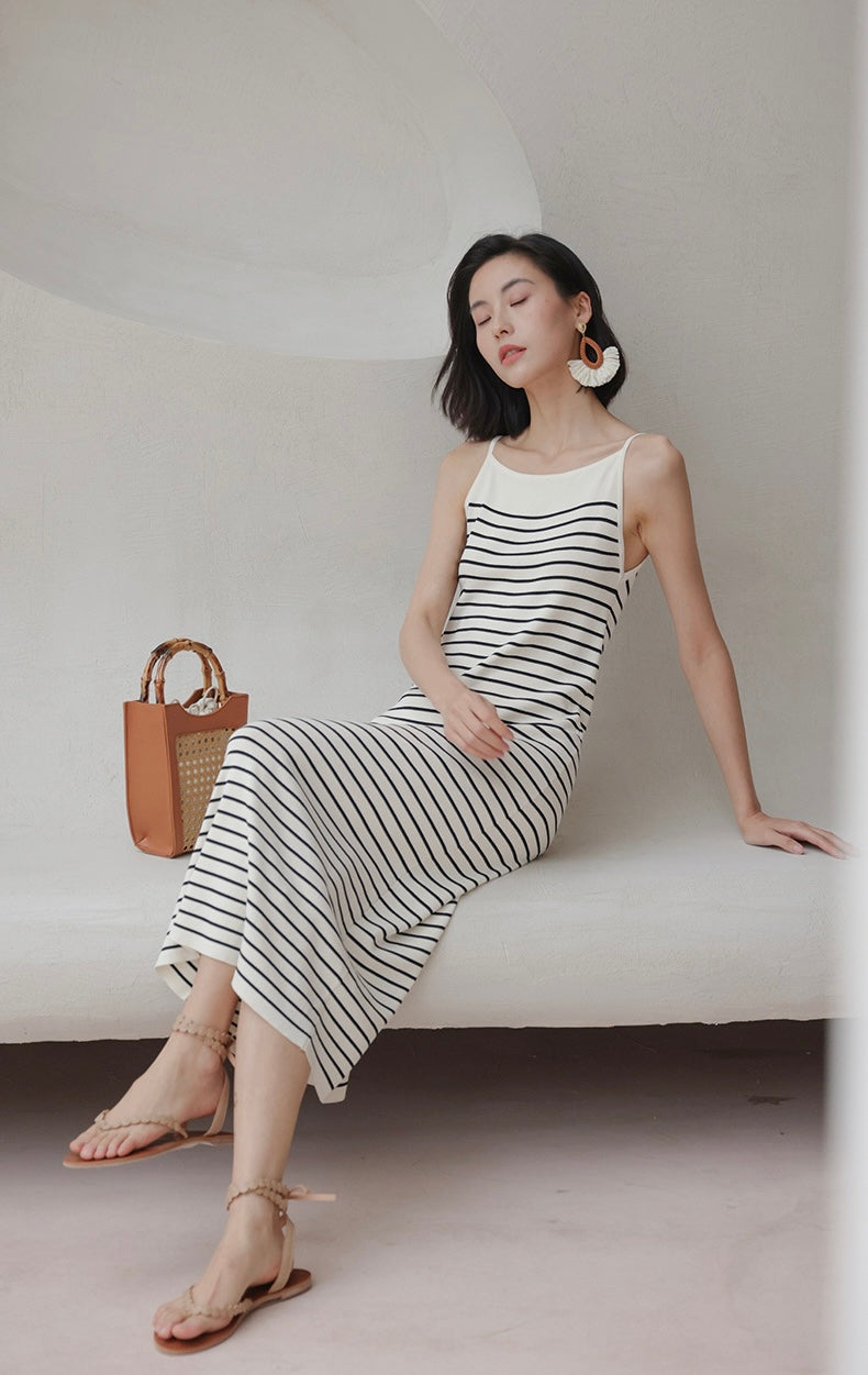 Striped Camisole Stretch Dress in White