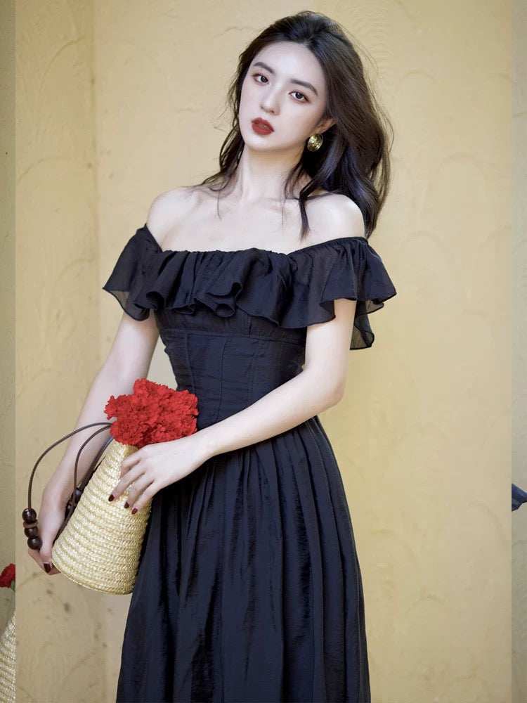 Tencel Blend 2-Way Ruffle Dress in Black