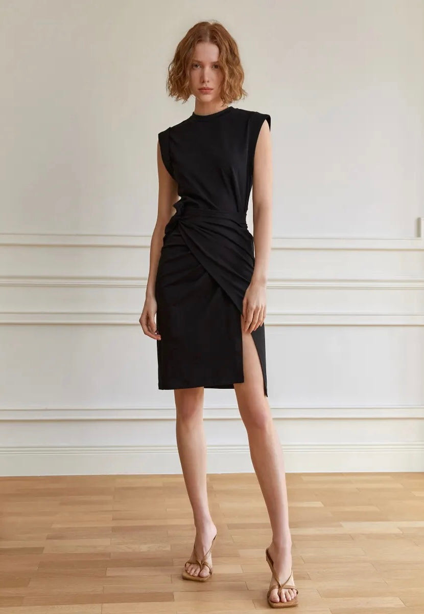 Sleeveless Boxy Wrap Dress in Black