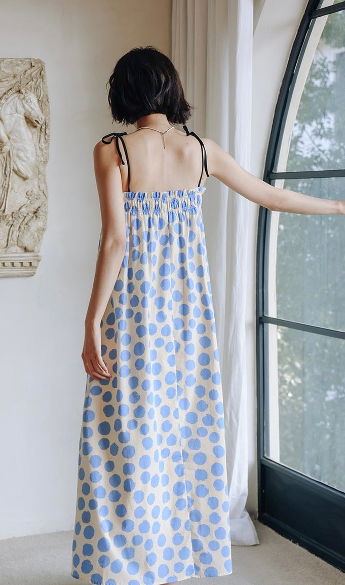 Polka Tie Strap Maxi Dress in Blue/Cream