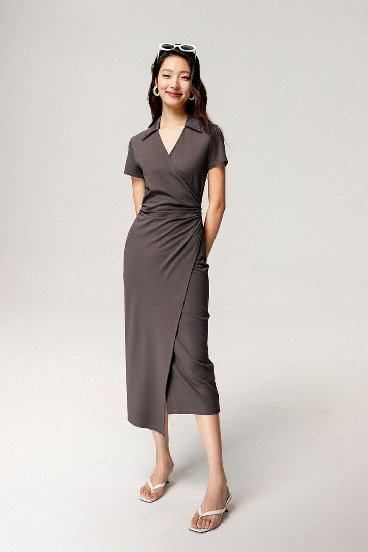 Collar Wrap Dress in Grey