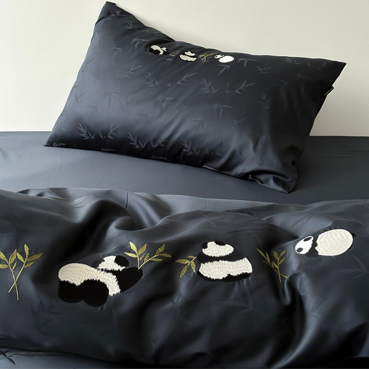 Elegant Panda & Bamboo Embroidery Cotton Bedding Set