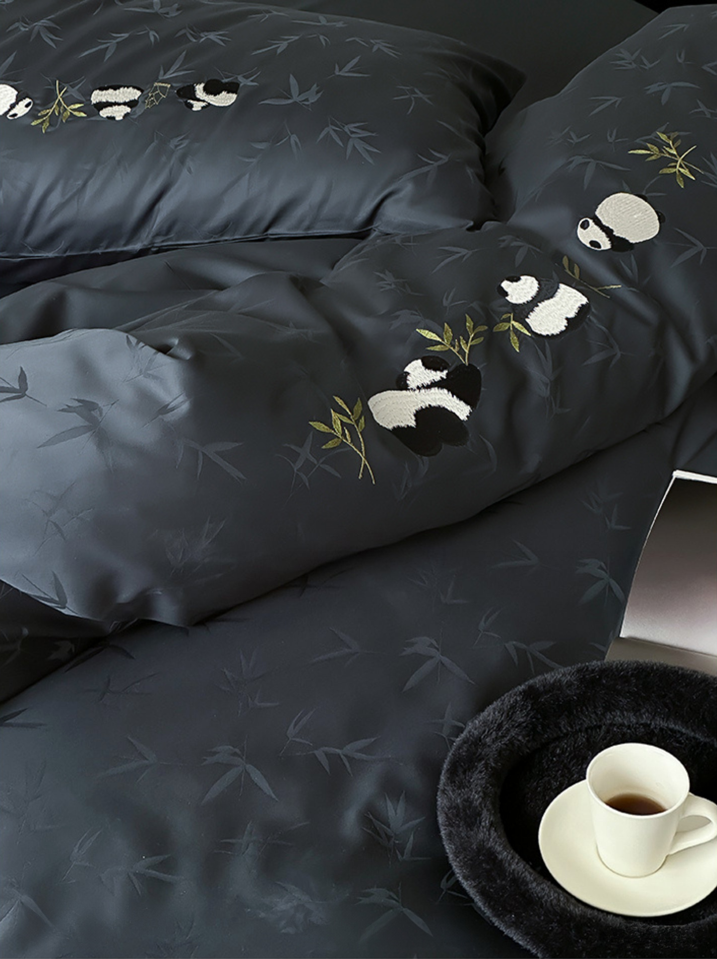 Elegant Panda & Bamboo Embroidery Cotton Bedding Set