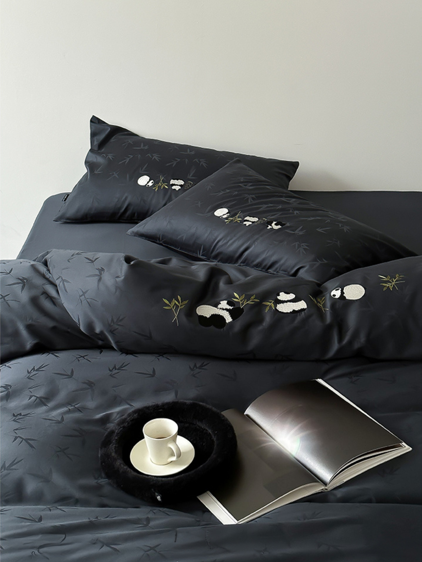 Elegant Panda & Bamboo Embroidery Cotton Bedding Set