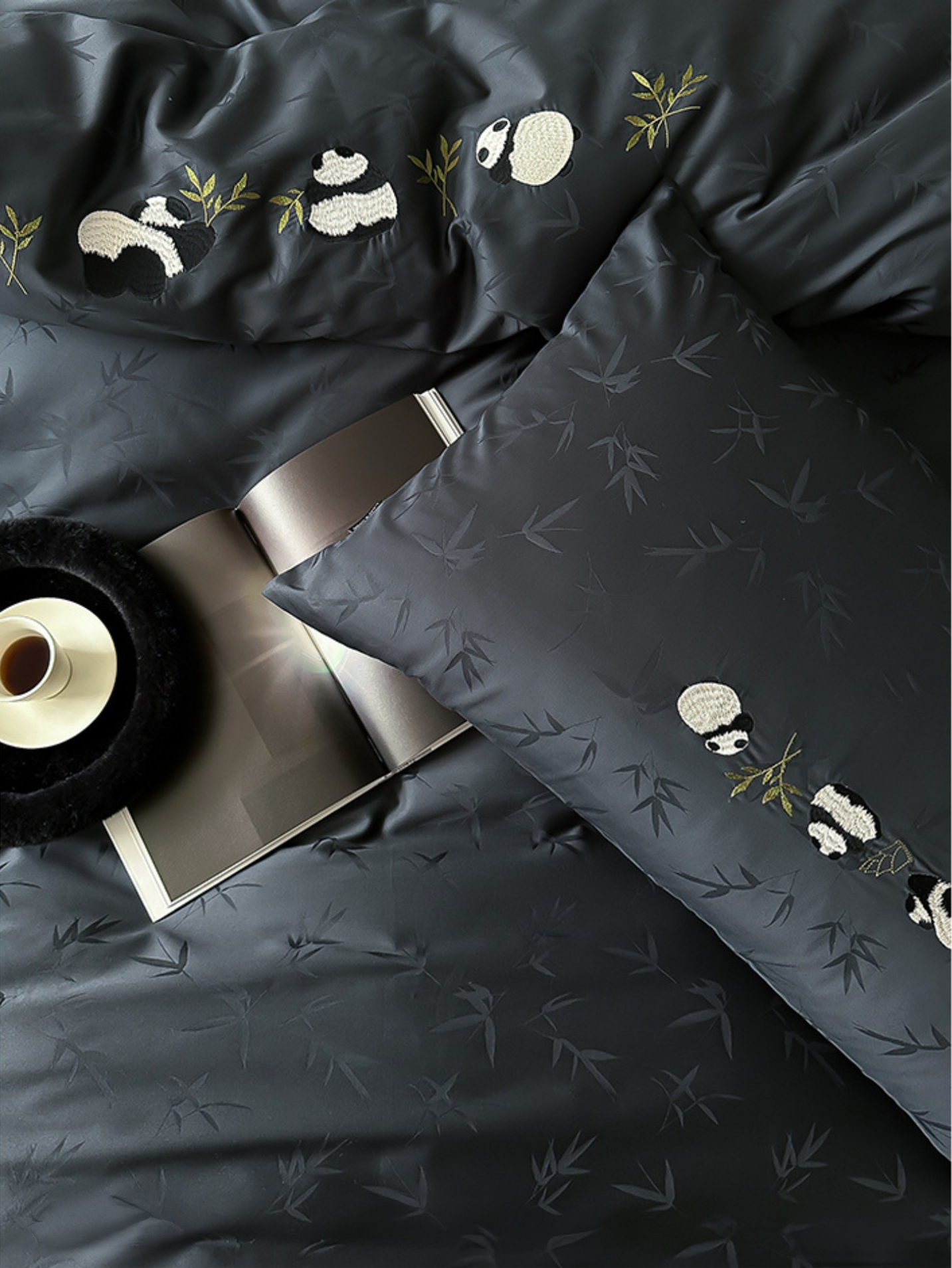 Elegant Panda & Bamboo Embroidery Cotton Bedding Set