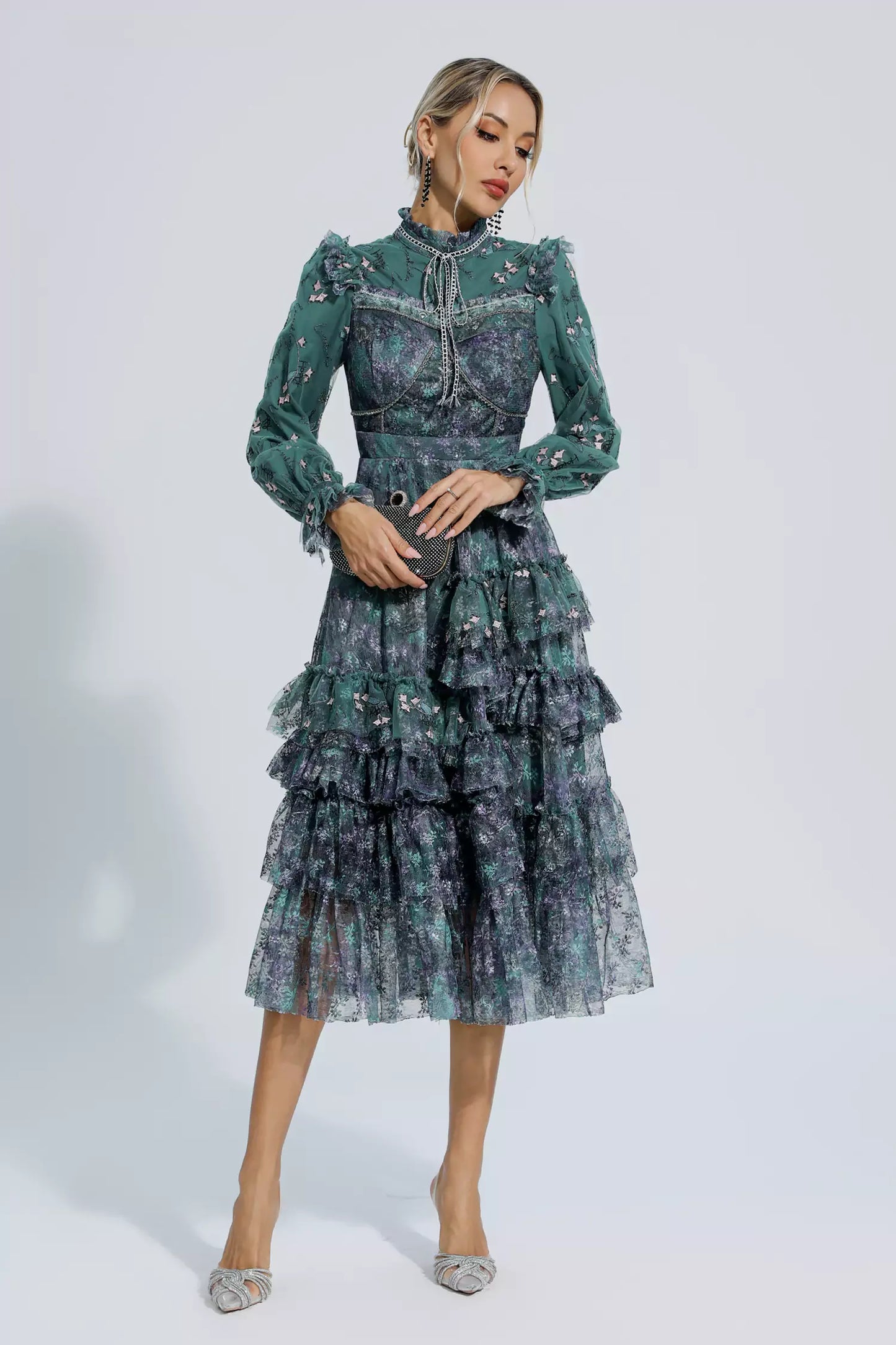 Sevyn Dark Green Floral Mesh Long Sleeve Dress