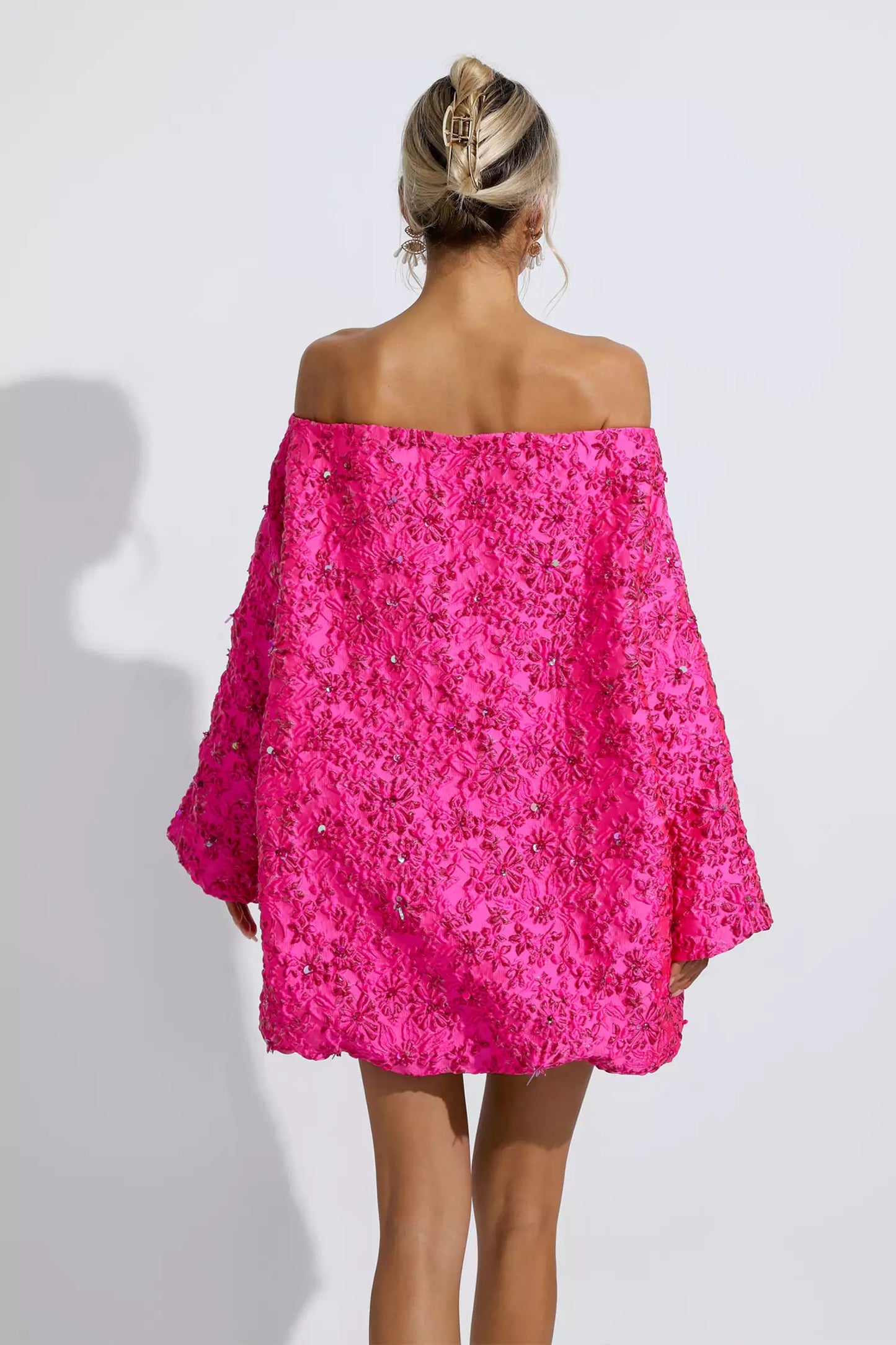 holly pink off shoulder jacquard floral mini dress Holly Pink Off Shoulder Jacquard Floral Mini Dress FancyAdd