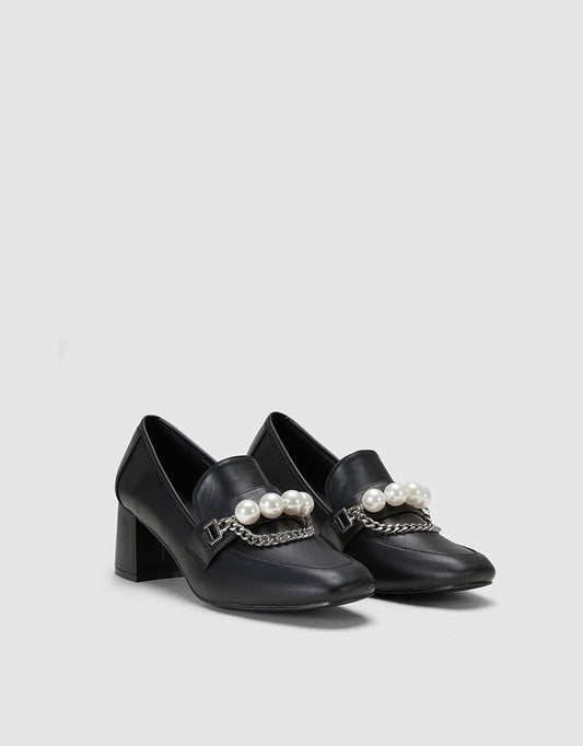 Heeled Loafers With Faux Pearl