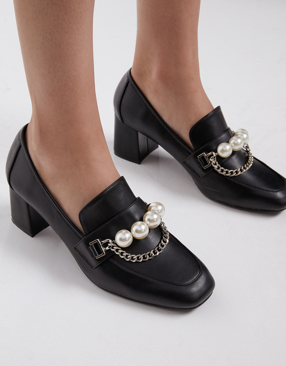 Heeled Loafers With Faux Pearl