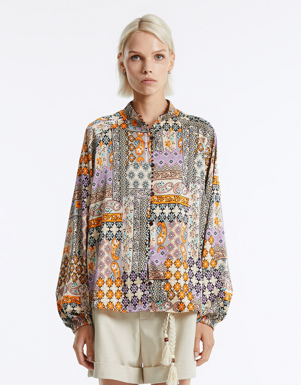 Patchwork Print Satin Shirt