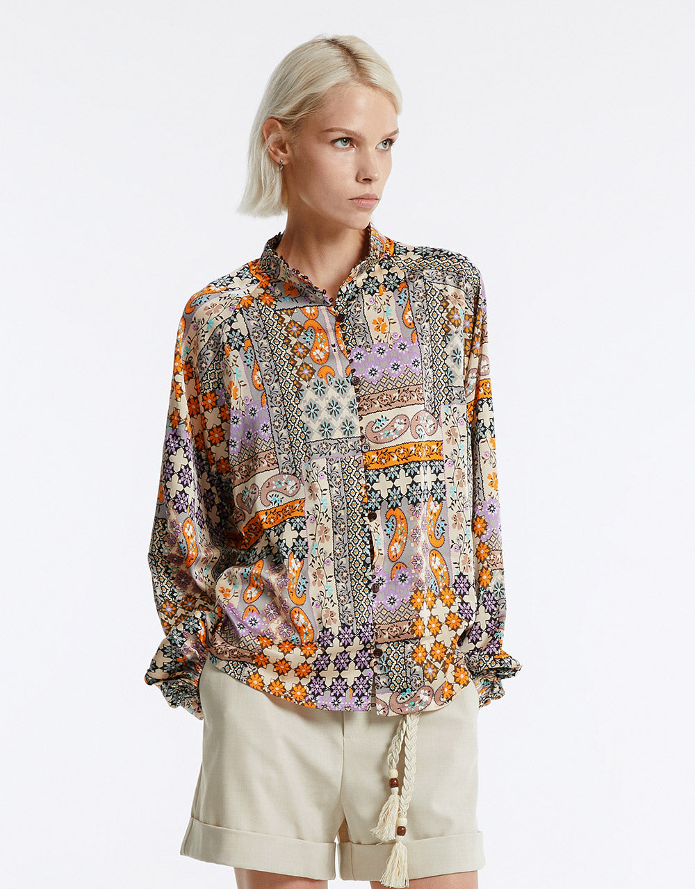 Patchwork Print Satin Shirt