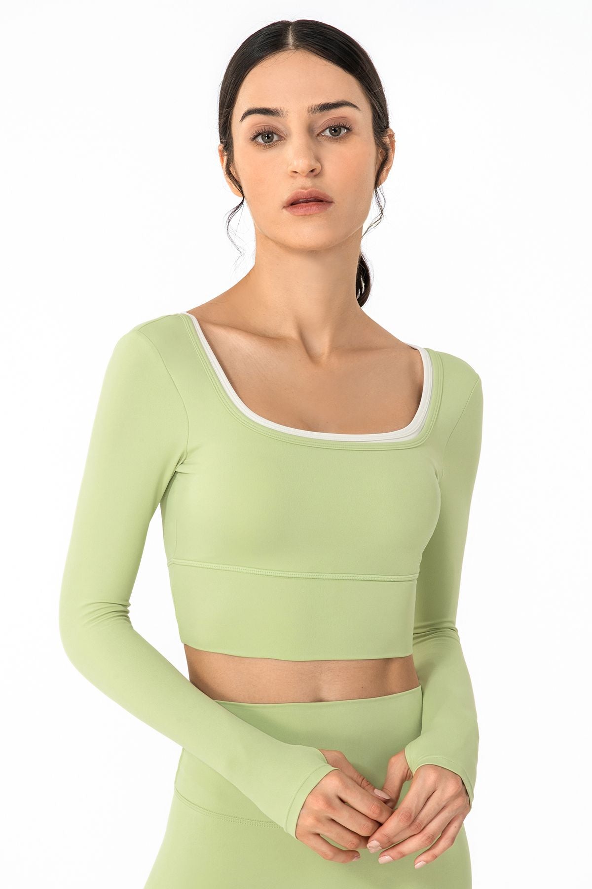 U Neck Long Sleeve Shirts Built-in Bra