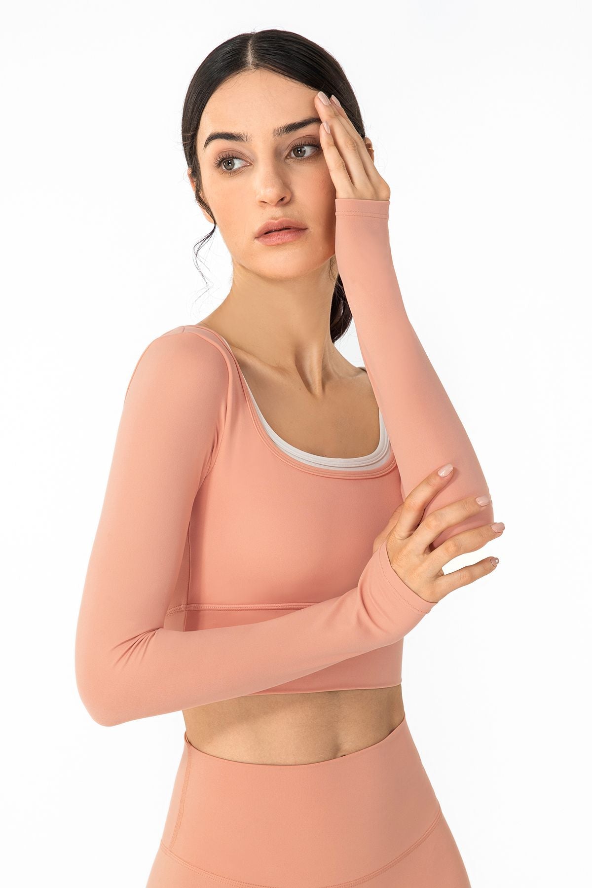 U Neck Long Sleeve Shirts Built-in Bra