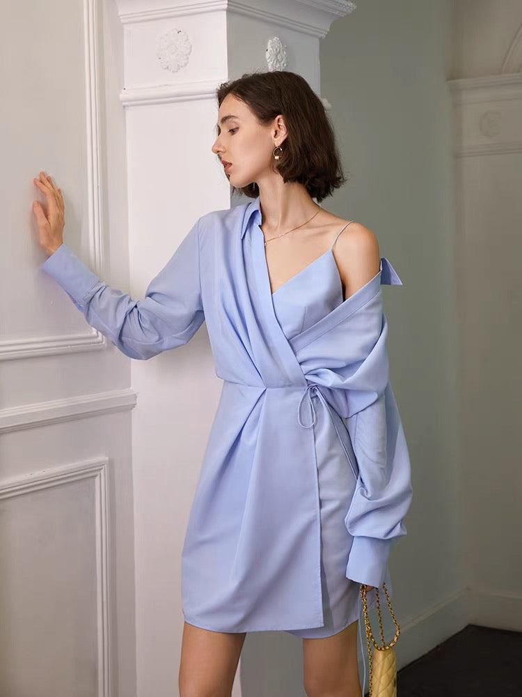 Viktoria Off Shoulder Cami Wrap Shirt Dress- Blue