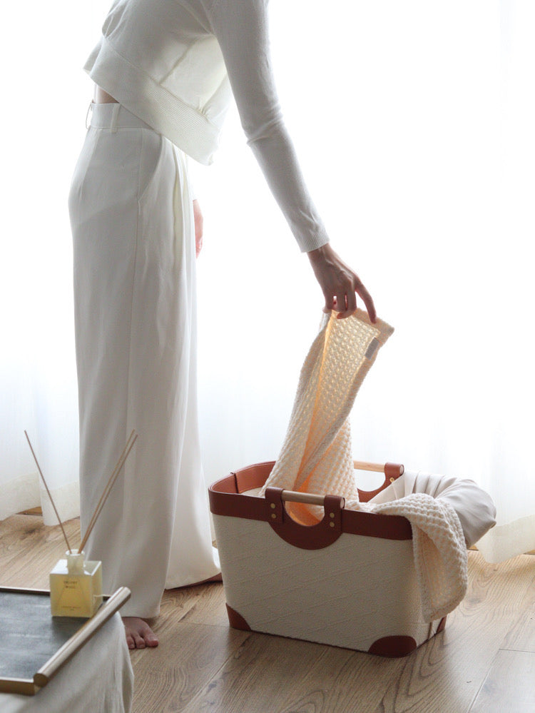 Antique White Pearl Embossed Leather Laundry Basket with Solid Wood Handle