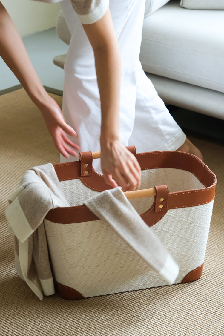 Antique White Pearl Embossed Leather Laundry Basket with Solid Wood Handle