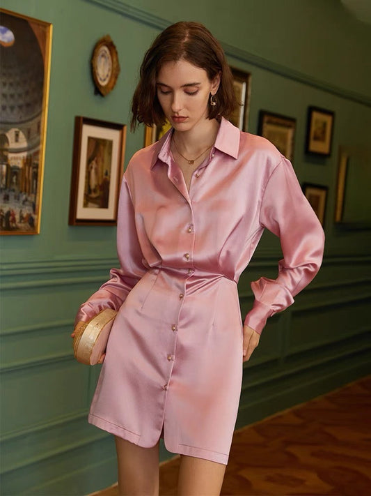 Suvi Silk Blend Shirt Dress- Pink