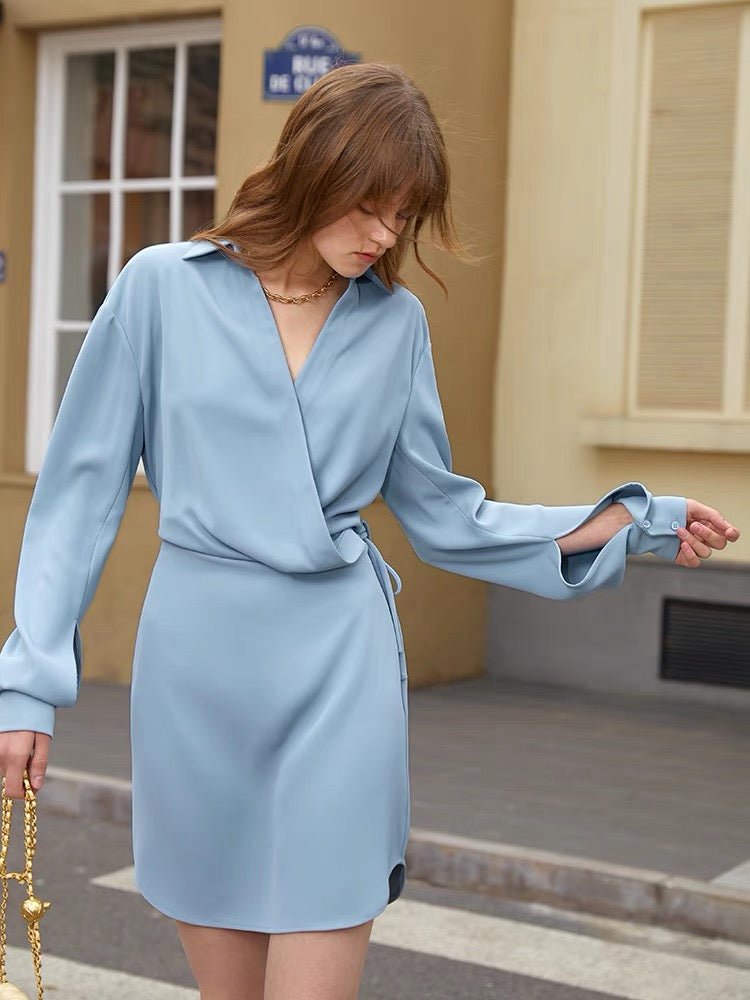 Shaya Wrap Shirt Dress- Blue