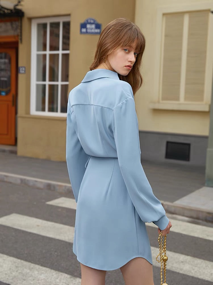 Shaya Wrap Shirt Dress- Blue