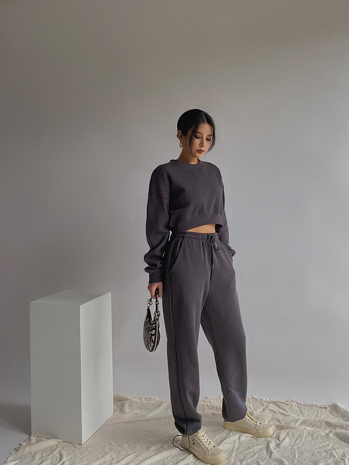 Pique High Waist Jogger Pants- Dark Grey