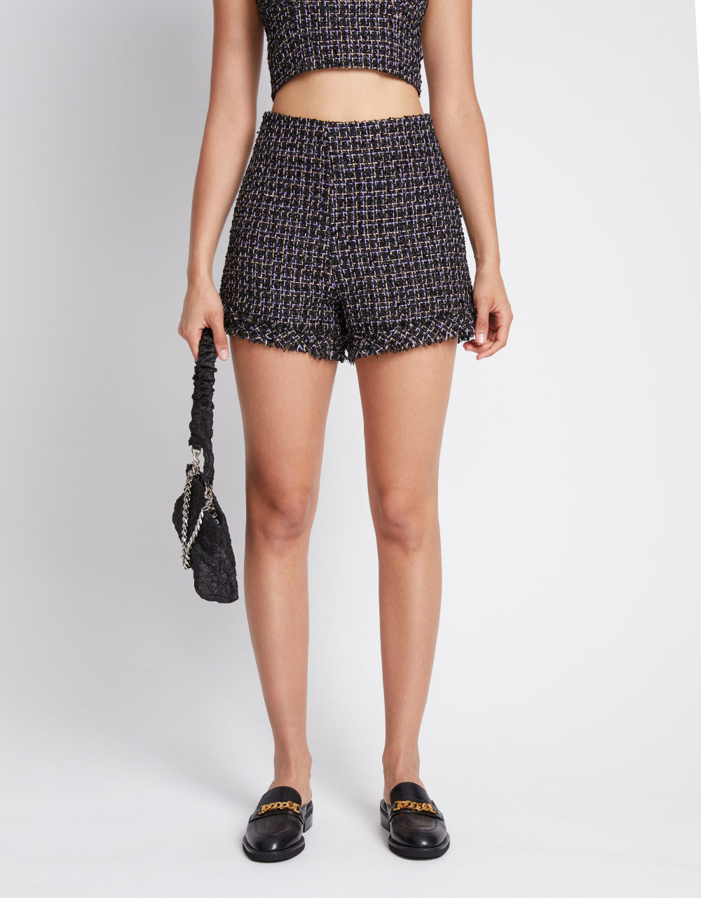 Tweed Plaid Raw Hem Shorts