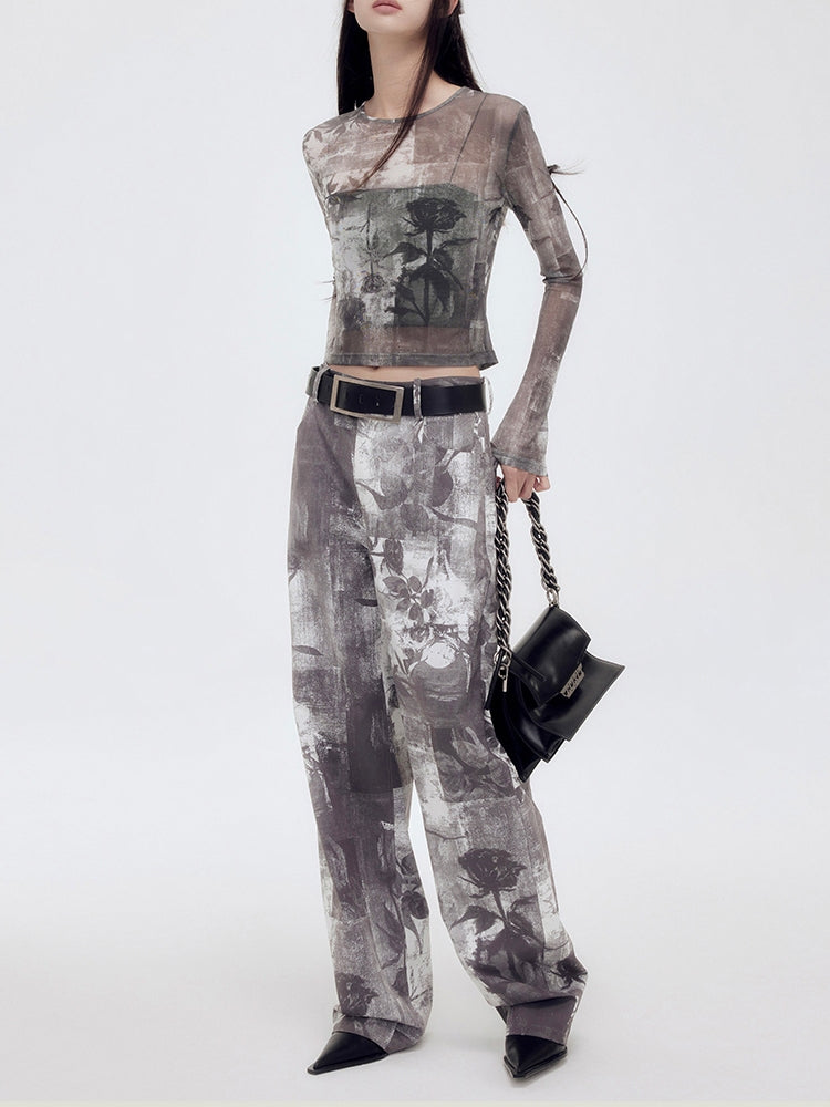 Sheer Mesh Silhouette Flower Cropped Cutsew