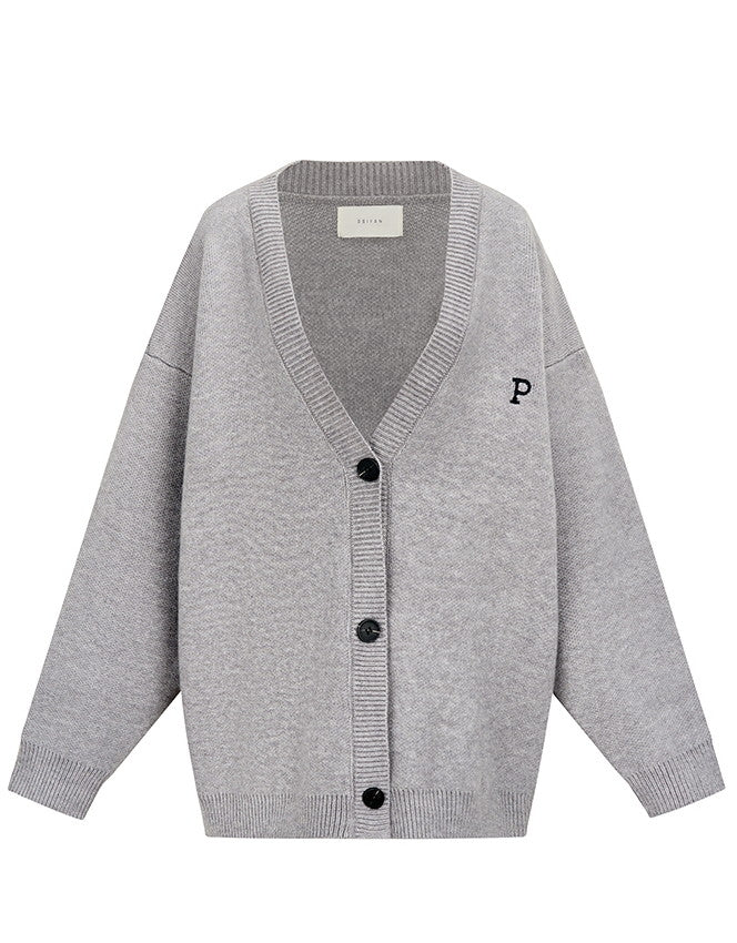 V-Neck Knit Long Oversize Sinple College Cardigan