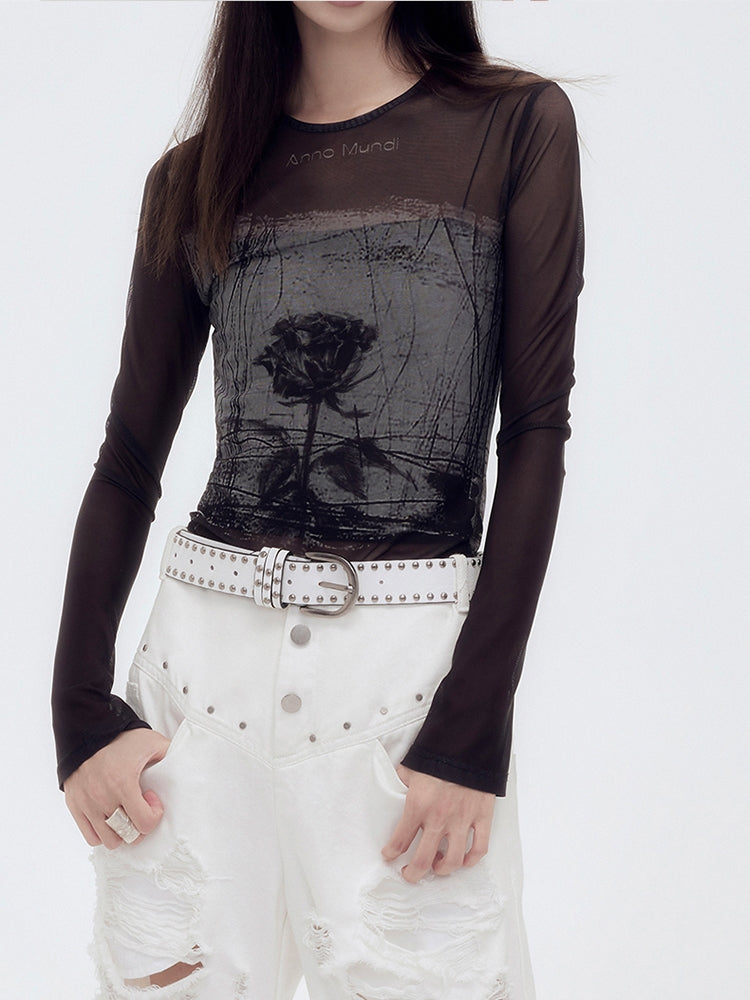 Sheer Mesh Silhouette Flower Cutsew