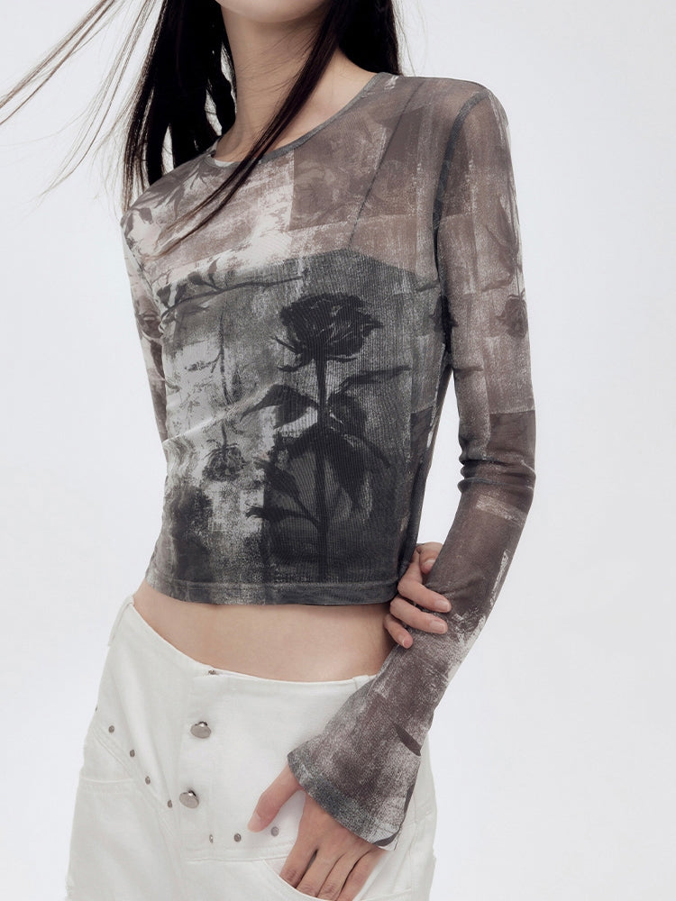 Sheer Mesh Silhouette Flower Cropped Cutsew