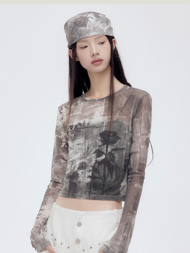 Sheer Mesh Silhouette Flower Cropped Cutsew