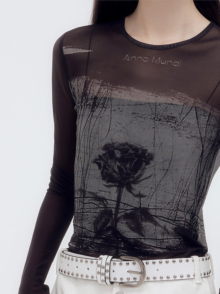 Sheer Mesh Silhouette Flower Cutsew