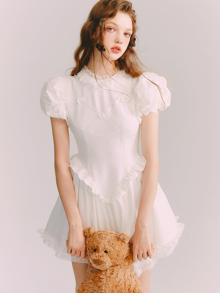 Puff-Sleeve Lace Frill Princess One-Piece