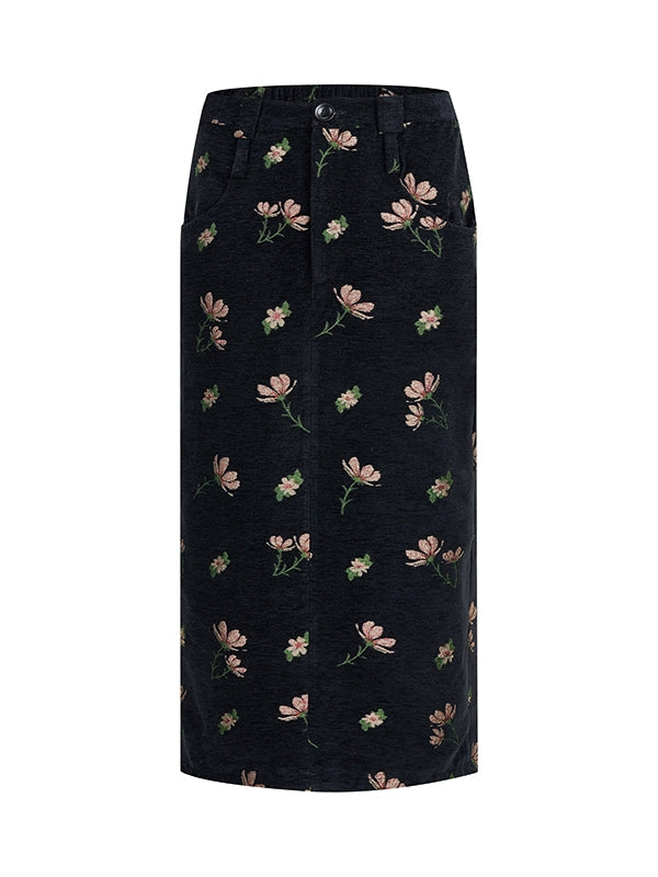 2Type Flower Embroidery Tight I-Line Short Long Skirt