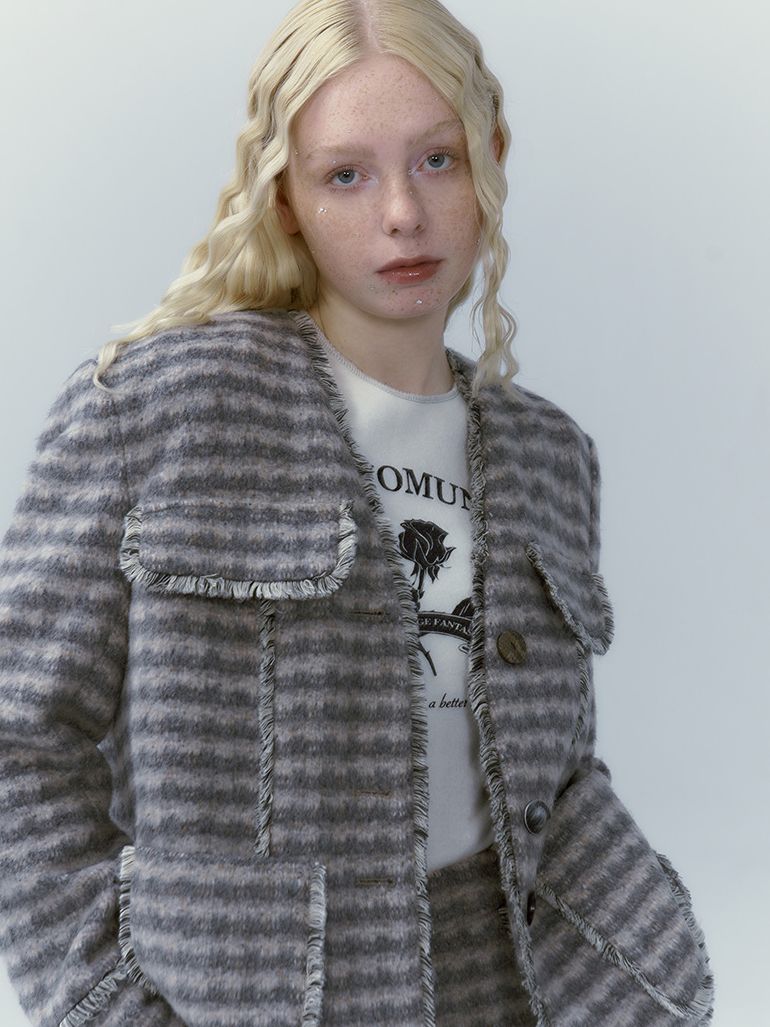 체크 레트로 울 재킷&amp;스커트 셋업 