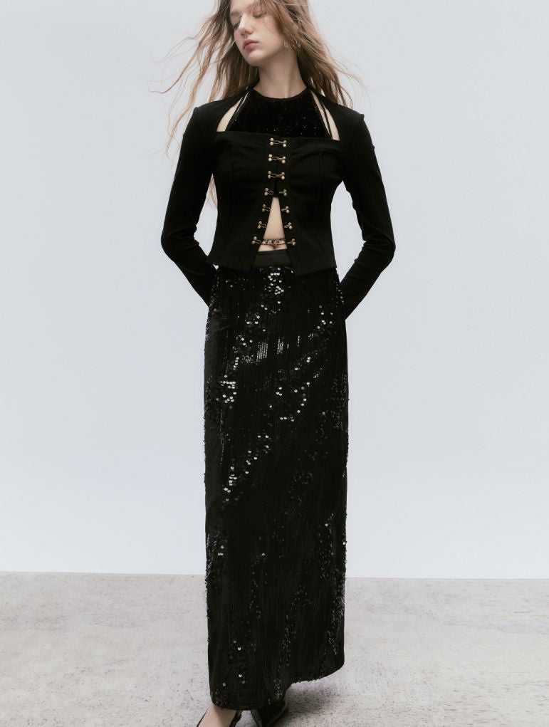 체인 시퀸 러스터 탑&amp;롱스커트 