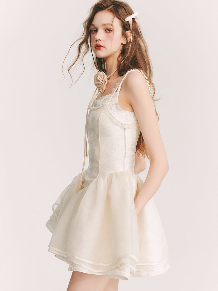 Tulle Fluffily Dress Flower Embroidery One-Piece